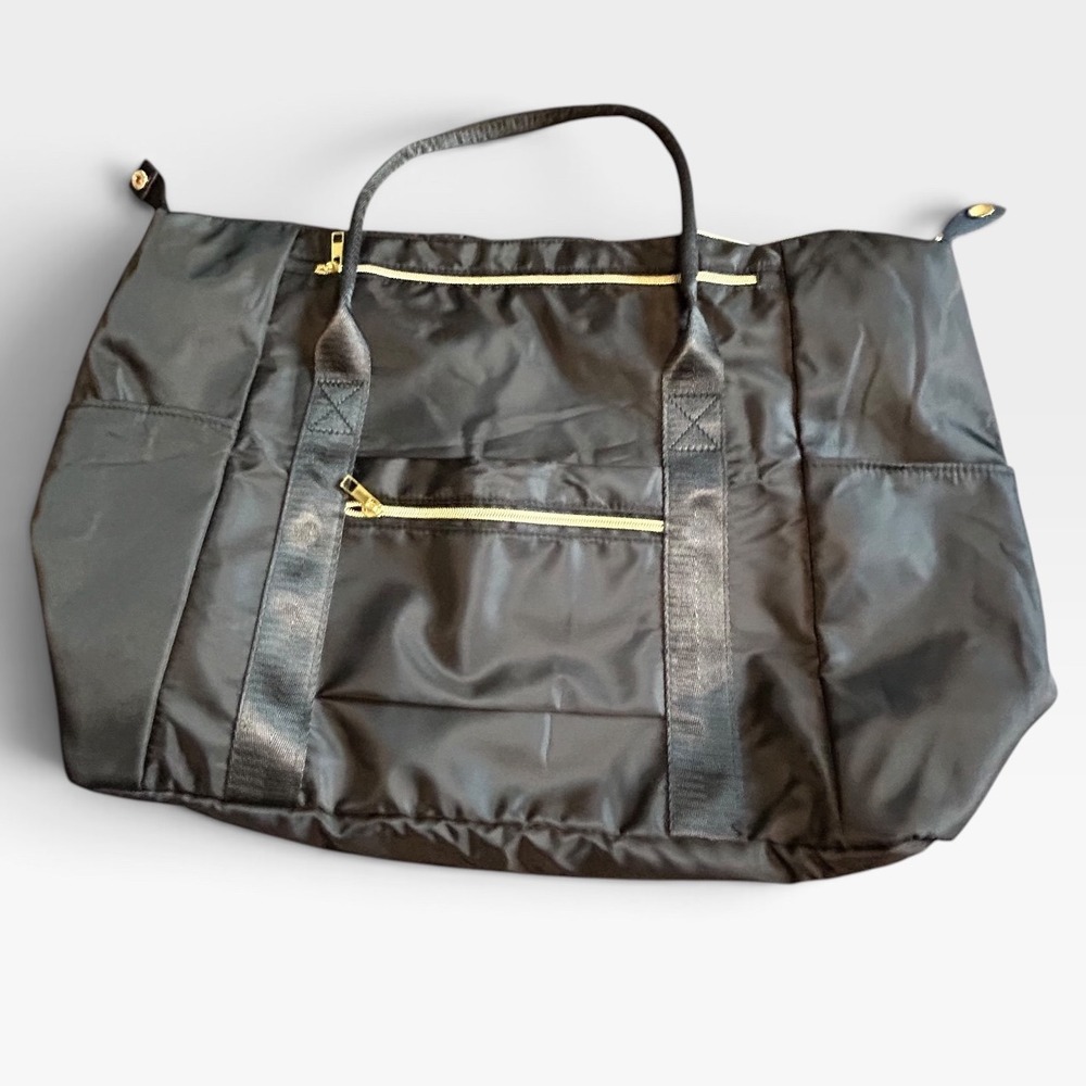 WANDF Black Foldable Travel Duffel Bag Gold Hardware Weekender Gym Tote Bag